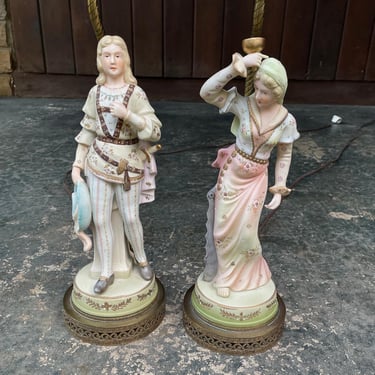 Vintage Porcelain Figural Lamps Dandy Gentleman Lady Royalty Mid-Century Bridgerton 19th Century Victorian Subjects 