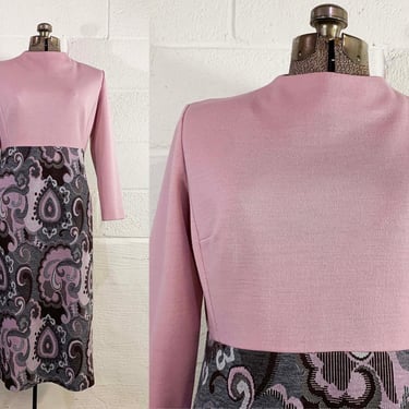 Vintage Mod Midi Dress Paisley Floral Print Pink R&K Knits Prom Wedding Holiday Party Twiggy Long Sleeves 1960s 60s Large 