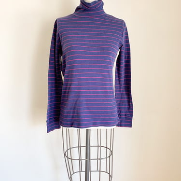 Vintage 1980s Navy and Red Striped Cotton Turtleneck Top / S 