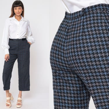 Houndstooth Pants 80s Plaid Wool Trousers Straight Leg Ankle Pants High Waisted Checkered Mod Preppy Cropped Vintage 1980s Bill Blass Medium 