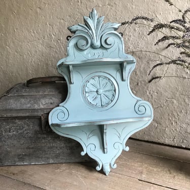 French Wood Wall Shelf, Folding, Chippy Blue Painted, Fixed Shelves, French Farmhouse, Chateau Decor 