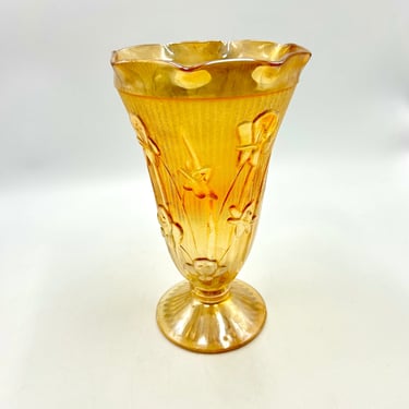 Jeanette Glass Iris and Herringbone vase, Vintage Marigold Carnival Glass, Opalescent, Floral, Orange, Gold Glassware 