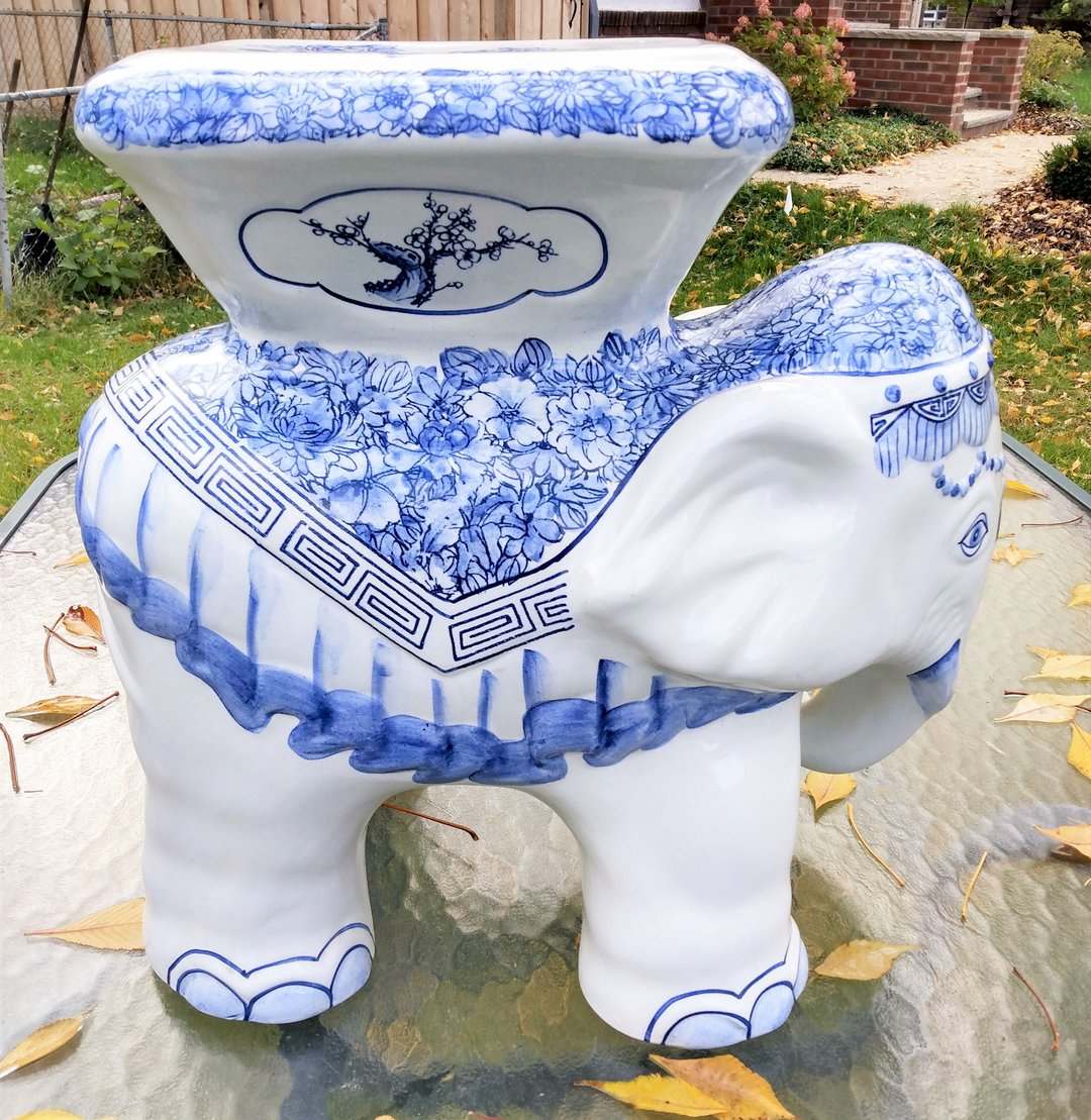 Asian Planter, Ceramic Blue and White Porcelain, Elephant Planter