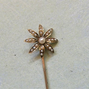 Antique 14K Gold Stick Pin With Pearls, Flower Stick Pin with Pearls, Antique 14K Gold Stickpin (#4018) 