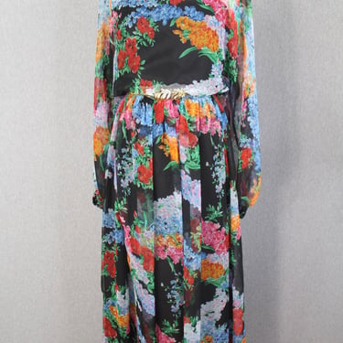 Bonwit Teller - Floral Chiffon Maxi Dress, Balloon Sleeve, Sheer - Wedding Guest Dress - 1970s floral maxi - Hostess Dress 