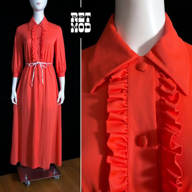 Fun Vintage 60s 70s Orangy-Red Collared Long Sleeve Long Nightgown Robe 