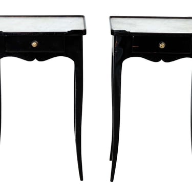 Pair of French Ebonized Marble Top Stands with Single Drawer