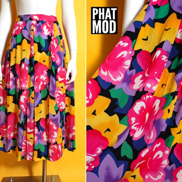 Colorful Vintage 80s 90s Pink Yellow Floral Christian Dior Mid-Length Lightweight Summer Skirt 