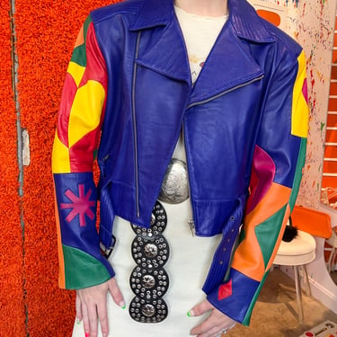 80’s/90’s Michael Hoban North Beach Leather Queen of Hearts Rainbow Appliqué Patchwork Leather Motorcycle Jacket