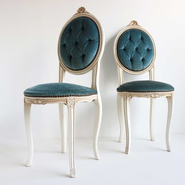 Romantic Couple Blue Velvet Small Side Chairs Italian Dining Chairs Pair Vanity Chairs Bedroom Chairs Louis XV Regency Antique Baroque Style 