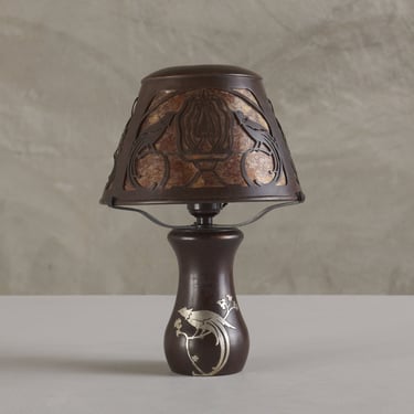 HEINTZ ART METAL SHOP, BIRDS OF PARADISE AND FOUNTAIN INLAY DESK LAMP, 1915