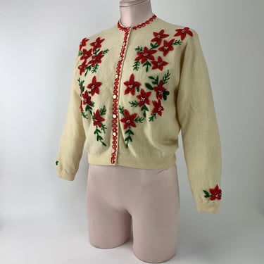 1950's Hand-Beaded Cardigan Sweater - Light Butter Colored Angora/Wool Blend - White Satin Lining - Red Glass Beadwork - Women's SizeSmall 