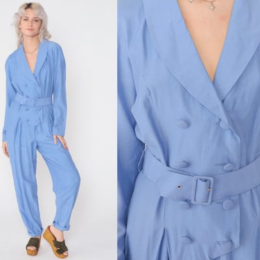 Blue Jumpsuit 80s Double Breasted Button up Pantsuit Tapered Leg Collared Belted Retro Romper Pants Chic Long Sleeve Vintage 1980s Medium M 