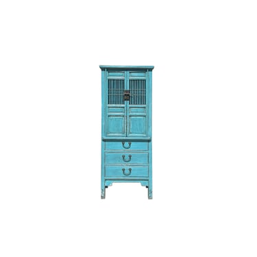 Distressed Aqua Blue Slim Wood Carving Shutter Doors Storage Cabinet ws4067E 