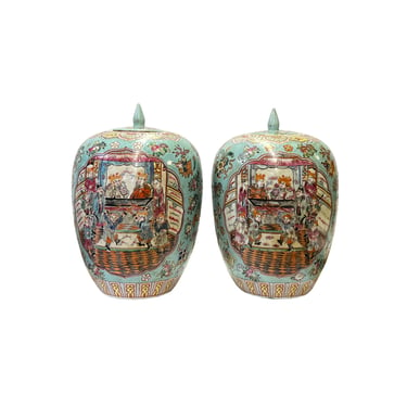 Pair Chinese Turquoise Porcelain People Scenery Graphic Point Lid Jars ws3015E 