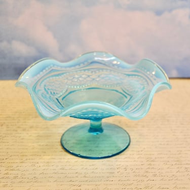 Antique Blue Opalescent Compote Pearls and Scales By Jefferson Glass EAPG c 1900 Collectible Wedding Gift Mother's Gift Footed Pristine 
