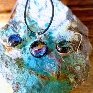 Dichroic Glass Pendant & Earrings~Sterling Silver, Art Glass~Vintage Jewelry Set 