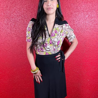 1940s Rayon Jersey Print & Black Crepe Dress 