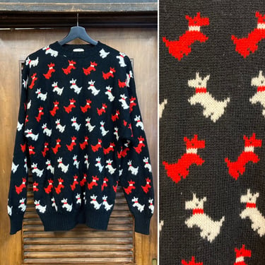 Vintage 1980’s Atomic Scottie Dog Black Background U.K. Knit Sweater, 80’s Knit Sweater, Vintage Pullover, Vintage Top, Vintage Clothing 