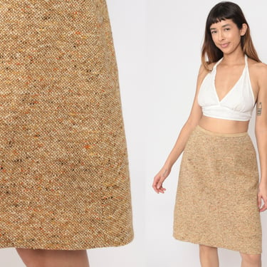 Tan Flecked Pencil Skirt 60s Tweed-Look Midi Skirt High Waisted Preppy Retro Fitted Basic Secretary Vintage 1960s Small 26 