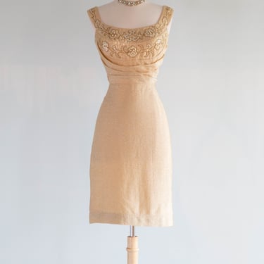 Glamorous 1950's Gold Lurex Cocktail Dress With Beaded Neckline / Small