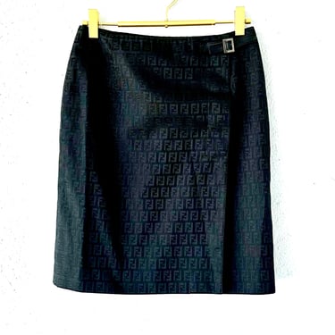 Vintage Fendi Zucca Monogram FF Logo Pencil Skirt // 90s Y2k Black Mini Wrap Skirt 