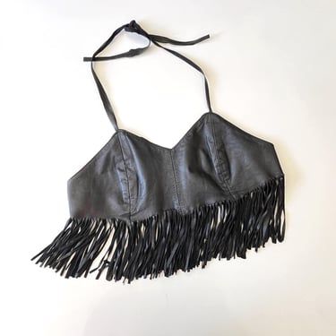 Vintage Black Leather Fringe Halter Top 