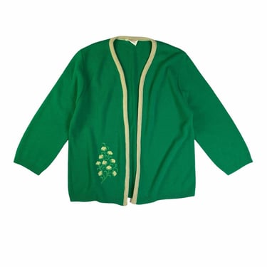 Vintage Orlon Dupont Grass Green Floral Embroidery Open Front Cardigan Sweater 