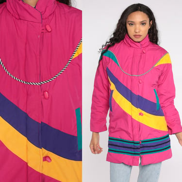 Neon Ski Jacket 80s Puffer Bright Pink Retro Abstract Striped Puffy Winter Coat Toggle Buttons Floral Lining Statement Puff Extra Small XS 