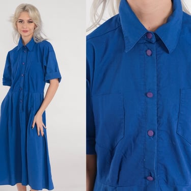 Blue Shirtdress 80s Button Up Midi Dress Retro Day Short Cuffed Sleeve Collared Secretary High Waist Plain Cotton 1980s Vintage Medium M 