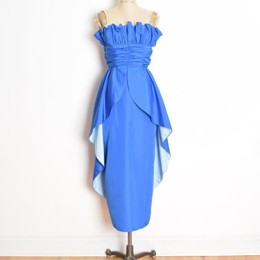 vintage 80s prom dress blue ruffle long peplum strapless party cocktail gown XXS clothing 