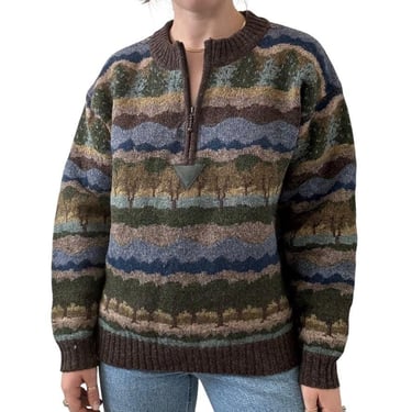 Vintage Icelandic Design Rainbow Tree Striped Quarter Zip Wool Chunky Sweater L 