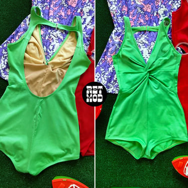 Flattering Vintage 60s 70s Lime Green One-Piece Swimsuit 
