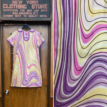 Vintage 1960’s Optical Atomic Mod Krazy Swirl Design Abstract Print Dress, 1960’s, Op Art, Mod, Abstract, Atomic, 