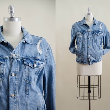 vintage distressed jean jacket | 90s y2k vintage faded light wash broken in cropped denim jacket 