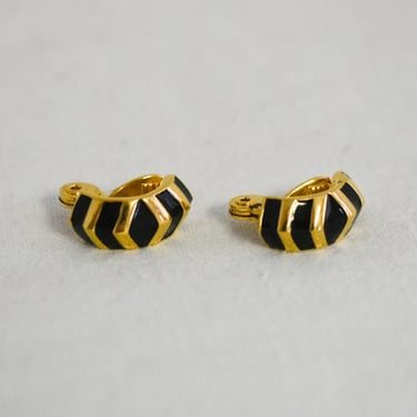 1980s Monet Black and Gold Clip Earrings 