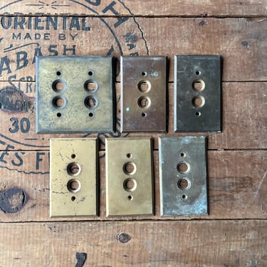 Set of 6 Antique Perkins Brass Push Button Switchplate Covers 