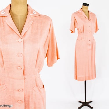 1940s Peach Cotton Day Dress | 1950s Coral Summer Dress |  Medium 