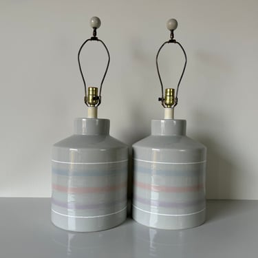 1980's Postmodern Gray Glazed Ceramic Table Lamps - A Pair 