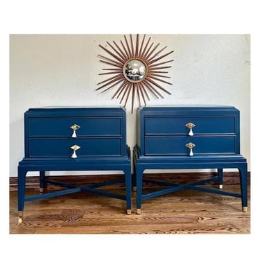 A Pair of Vintage Navy Blue Nightstands - Mid-Century Modern Side Tables with Gold and White Tassel Hardware 