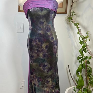 Rene Ruiz  Women Strapless Dress | Size 4 | Purple Multicolor Sequin Evening Gown | Gifts For Her |  Floral Dress | Dinner Vintage Dress 