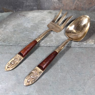 Vintage Brass Siam Serving Set | Thai Brass and Wood Serving Fork and Spoon | Bixley Shop 