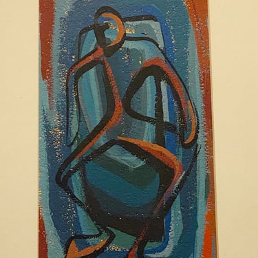 1950s Mod Painting of Abstract Figure - Surreal Artwork - Rare Modernist Paintings on Paper - Mystery Artist - Bamboo Frame - Wisconsin? 