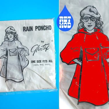 Groovy DEADSTOCK Vintage 70s 80s Red Vinyl Rain Poncho with Hood & Center Pocket 