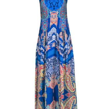 Ranna Gill - Blue Multicolor Paisley Print Maxi Dress w/ Embellished Neckline Sz 0
