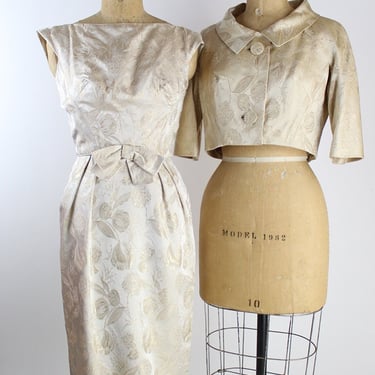 1950s Gold Dress and Jacket Set/ 50s Two Piece Dress Set / Size XXS/XS 