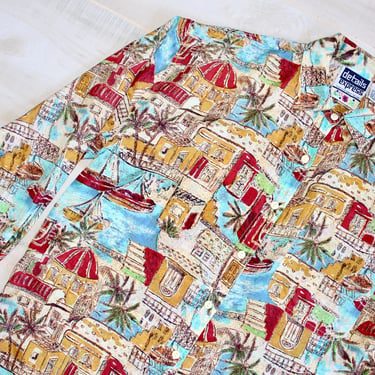Vintage 80s Silk Blouse, 1980s Tropical Print Button Up Shirt, Beach, Vacation, Novelty, Long Sleeve, Collar, Oversized 