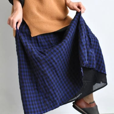 ICHI ANTIQUITES Linen Gingham Check Skirt - Bright Navy