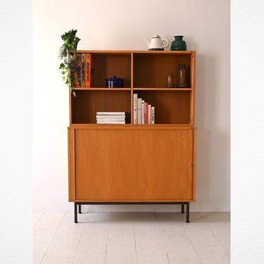 Vintage 1960s Scandinavian Oak Office Cabinet with Metal Legs and Roll-Top Door 