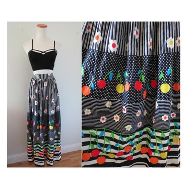 Vintage 60s Maxi Skirt - Groovy Op Art Psychedelic Print High Waisted Skirt - Mod Floral Daisies Cherries - Size XXS 